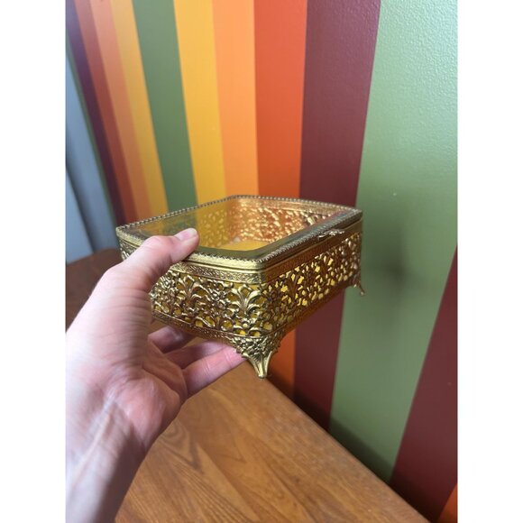 Vintage brass and glass mirrored jewellery box catch all mini Hollywood regency - Picture 3 of 9